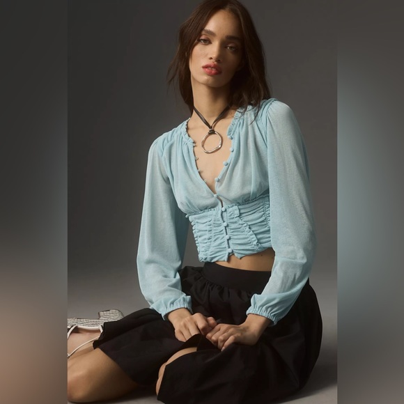 Anthropologie Tops - By Anthropologie Long-Sleeve Femme Ruched Cropped Top, Blue, M or L, NWT